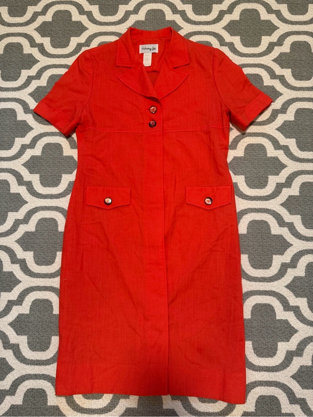 Vintage Henry Lee orange red button up collared midi knee length dress 70s 80s